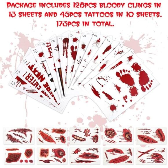 173PCS Halloween Bloody Footprints Floor Clings Plus Tattoos - Picture 6 of 8